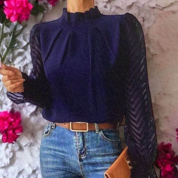 SHEIN NEW FRENCHY FRILLED NECK FLOUNCE SLEEVE BLOUSE TOP NAVY BLUE LARGE - Picture 1 of 7